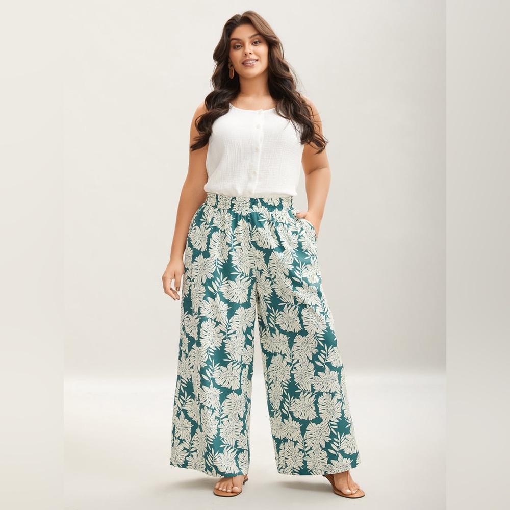 Bloomchic Tropical Leaf Pattern Shirred Wide-Leg … - image 1